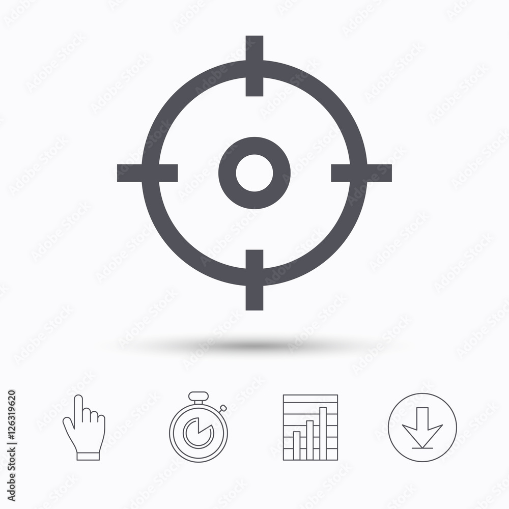Target icon. Crosshair aim symbol. Stopwatch timer. Hand click, report