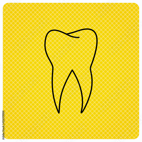 Tooth icon. Dental stomatology sign. Dentistry symbol. Linear icon on orange background. Vector
