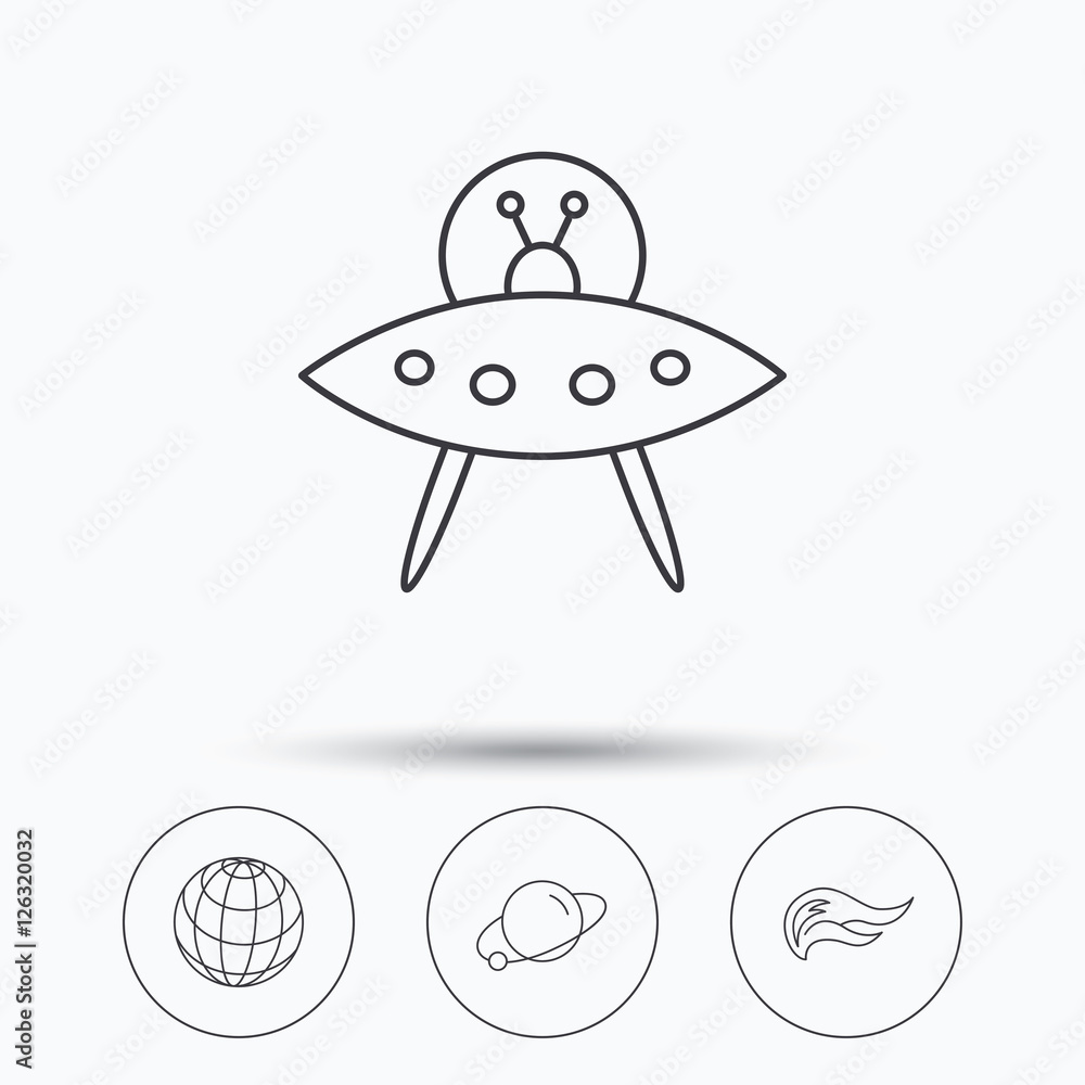 Ufo, planet and fire flame icons. Globe linear sign. Linear icons in circle buttons. Flat web symbols. Vector Ufo, planet and fire flame icons. Globe linear sign. Linear icons in circle buttons. Flat web symbols. Vector