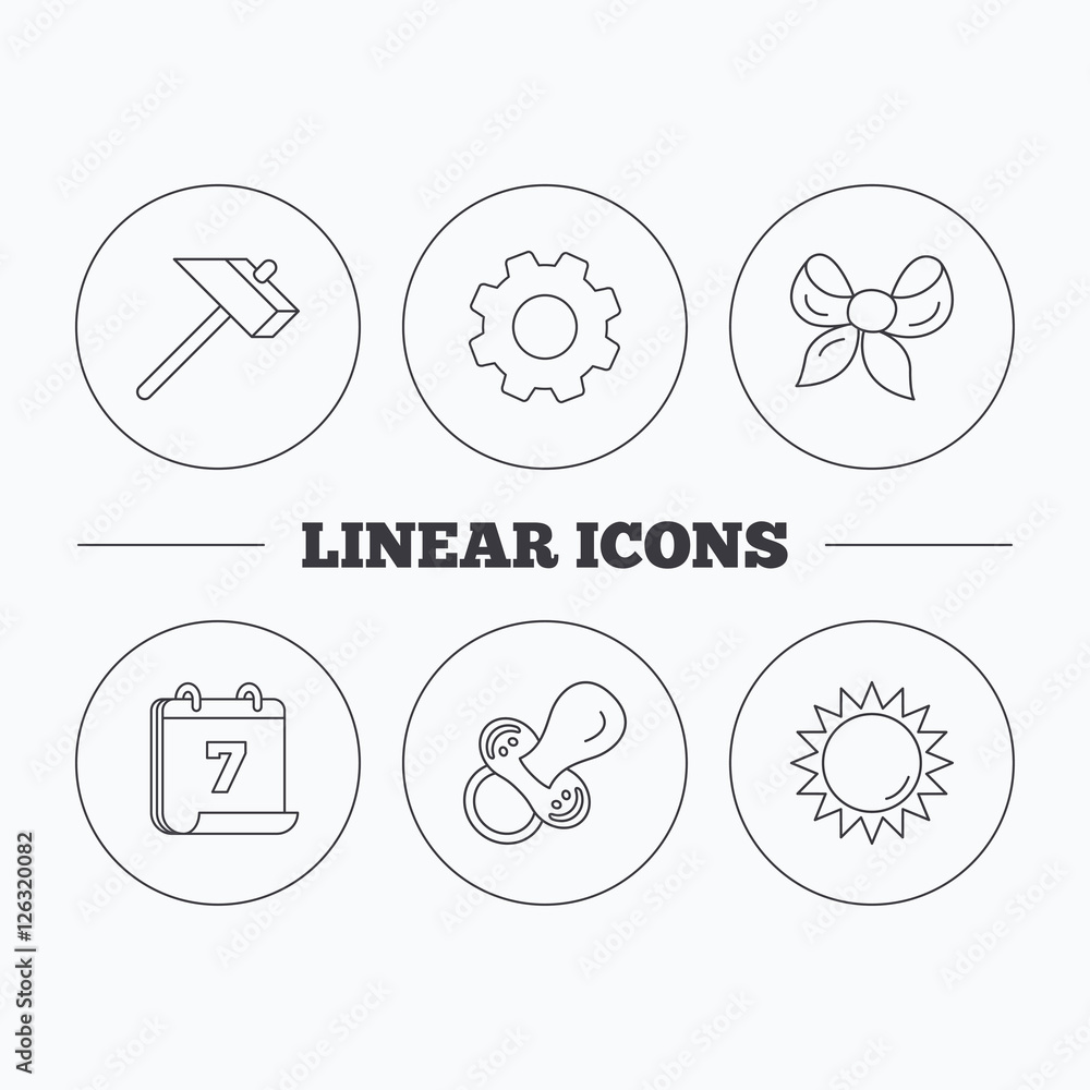 Hammer, pacifier and sun icons. Bow-knot linear sign. Flat cogwheel and calendar symbols. Linear icons in circle buttons. Vector Hammer, pacifier and sun icons. Bow-knot linear sign. Flat cogwheel and calendar symbols. Linear icons in circle buttons. Vector