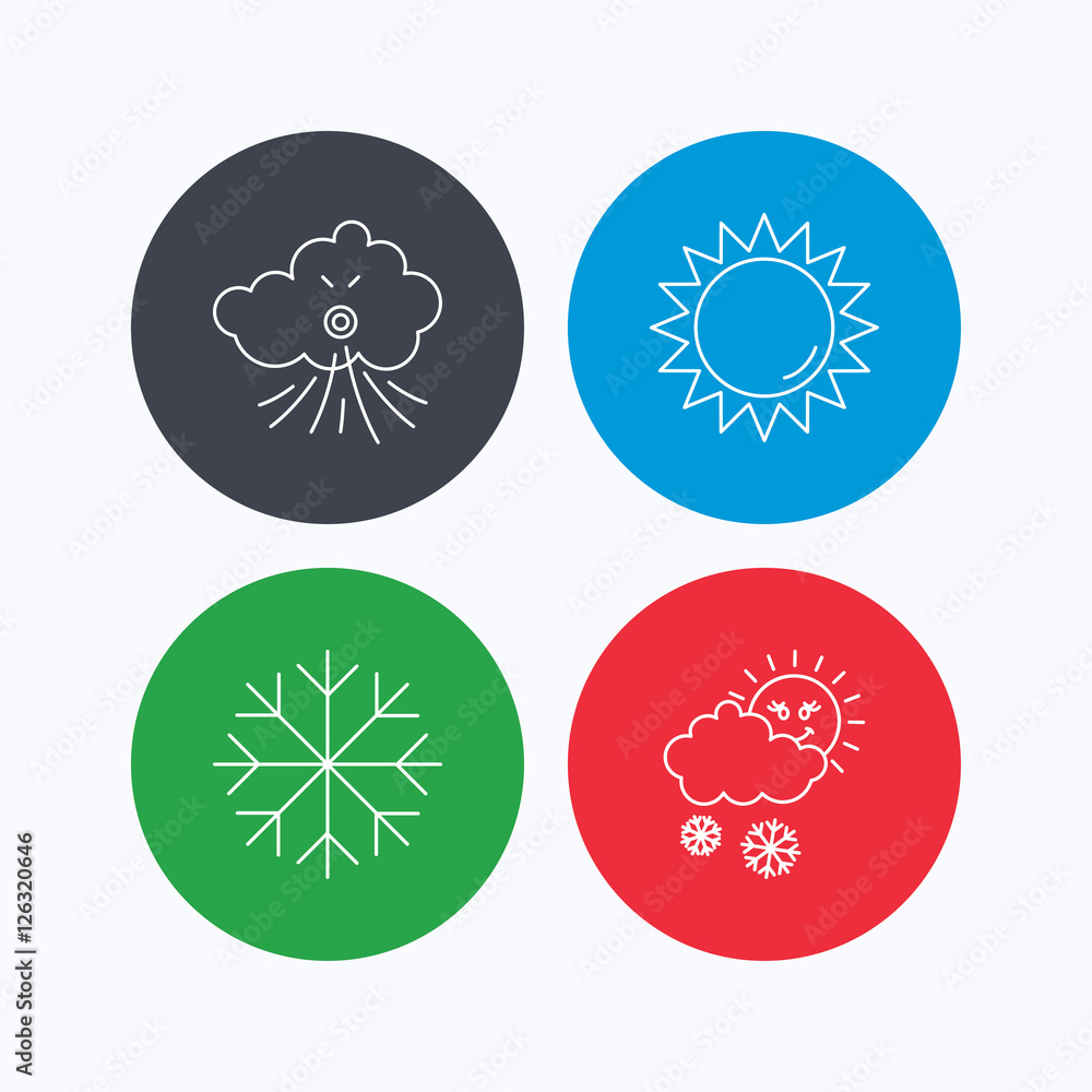 Weather, sun and snow icons. Wind and snowflake linear signs. Linear