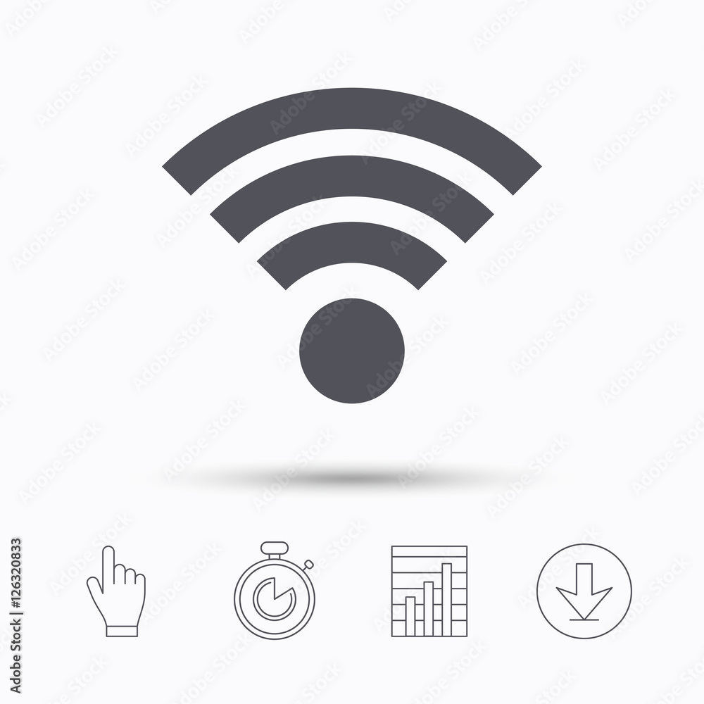 Wifi icon. Wireless internet sign. Communication technology symbol. Stopwatch timer. Hand click, report chart and download arrow. Linear icons. Vector Wifi icon. Wireless internet sign. Communication technology symbol. Stopwatch timer. Hand click, report chart and download arrow. Linear icons. Vector