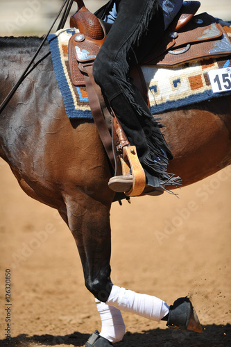 The close-up view of a rider on a horseback 