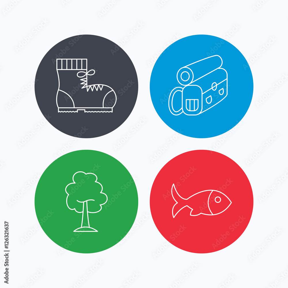 Maple tree, fish and hiking boots. Backpack linear sign. Linear icons on colored buttons. Flat web symbols. Vector Maple tree, fish and hiking boots. Backpack linear sign. Linear icons on colored buttons. Flat web symbols. Vector
