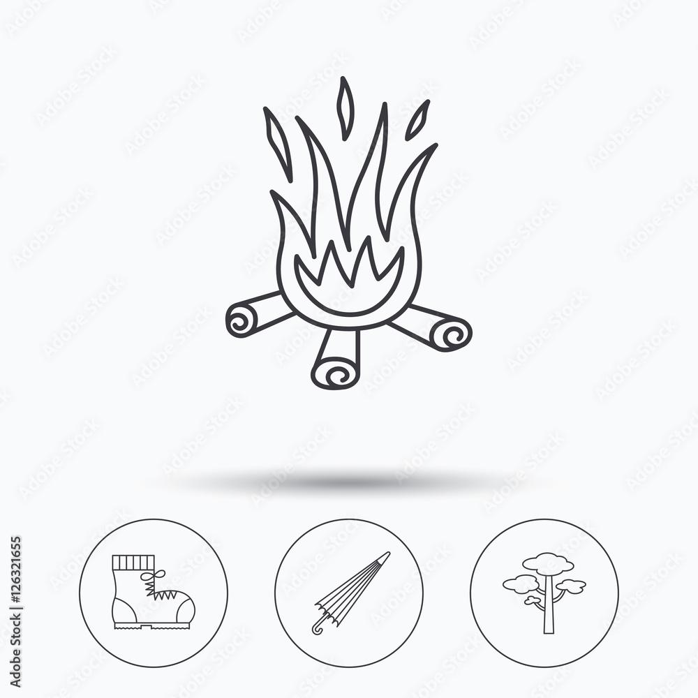 Pine tree, bonfire and hiking boots icons. Umbrella linear sign. Linear icons in circle buttons. Flat web symbols. Vector Pine tree, bonfire and hiking boots icons. Umbrella linear sign. Linear icons in circle buttons. Flat web symbols. Vector