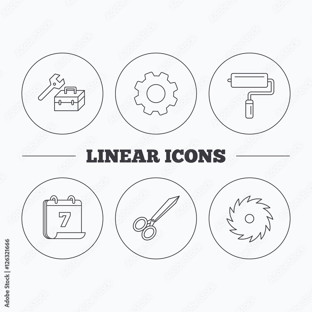 Scissors, paint roller and repair tools icons. Circular saw linear sign. Flat cogwheel and calendar symbols. Linear icons in circle buttons. Vector Scissors, paint roller and repair tools icons. Circular saw linear sign. Flat cogwheel and calendar symbols. Linear icons in circle buttons. Vector