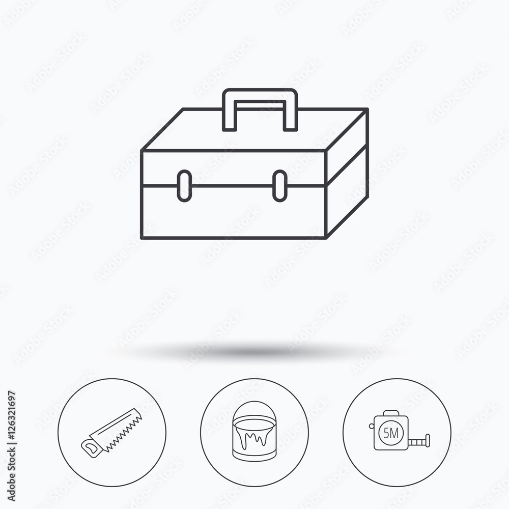 Saw, bucket of paint and tape measure icons. Toolbox linear sign. Linear icons in circle buttons. Flat web symbols. Vector Saw, bucket of paint and tape measure icons. Toolbox linear sign. Linear icons in circle buttons. Flat web symbols. Vector