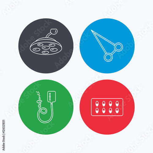 Drop counter, capsules and surgical lamp icons. Peans forceps linear sign. Linear icons on colored buttons. Flat web symbols. Vector