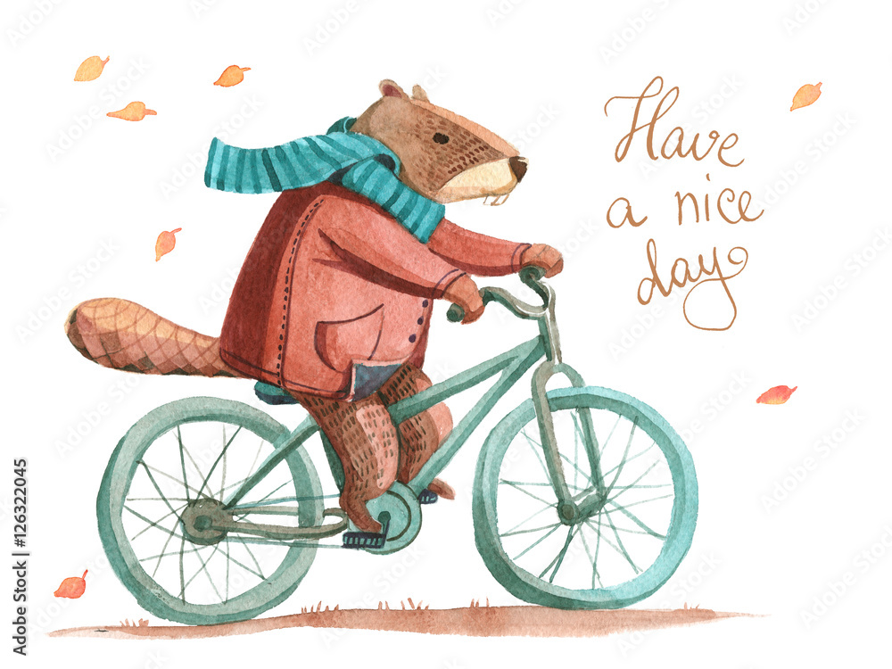 Watercolor beaver in coat and scarf riding a bicycle