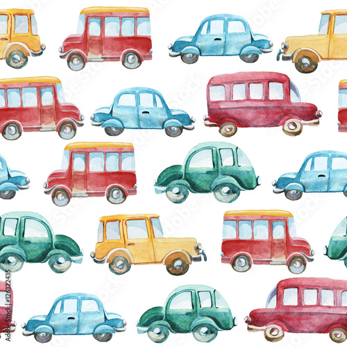 watercolor pattern of different cars