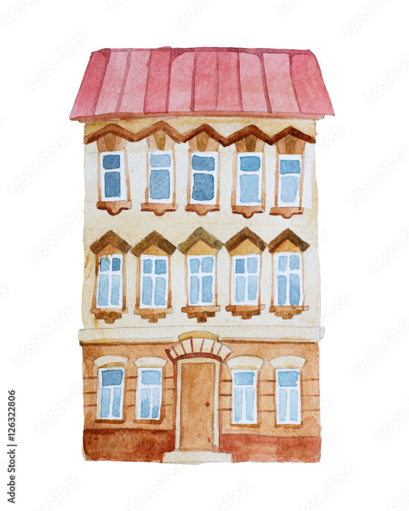 Watercolor high-rise building in old stile Watercolor high-rise building in old stile