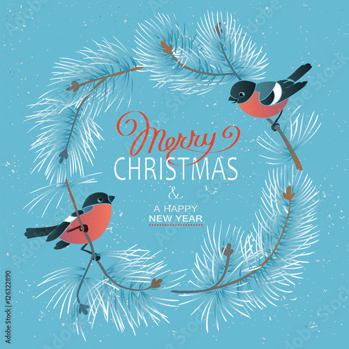 Christmas Poster . Vector illustration of Christmas Background with branches of christmas tree and two bullfinches .