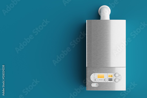 Household gas boiler on blue background 3d