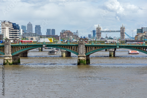 LONDON  ENGLAND - JUNE 15 2016  Southwark Bridge and Thames River  London  England  United Kingdom