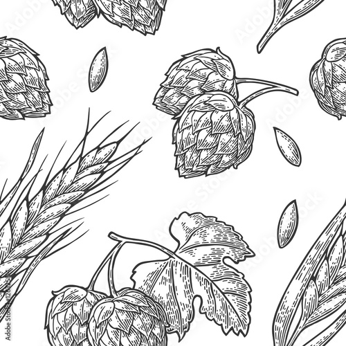 Seamless pattern from hop with leaf and Ear of barley.