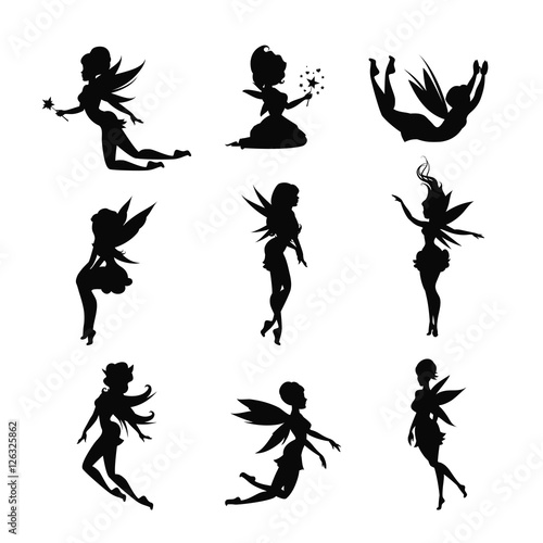 Fényképezés Set of silhouettes of fairies isolated on white background.