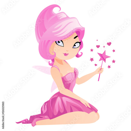 Cute fairy in pink dress isolated on a white background.
