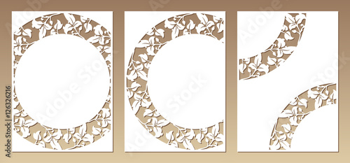 Set of three cards with openwork floral pattern. Laser cutting v