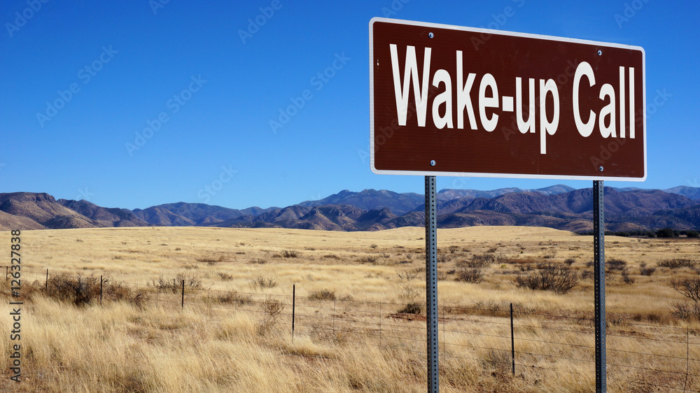 Wake up Call brown road sign