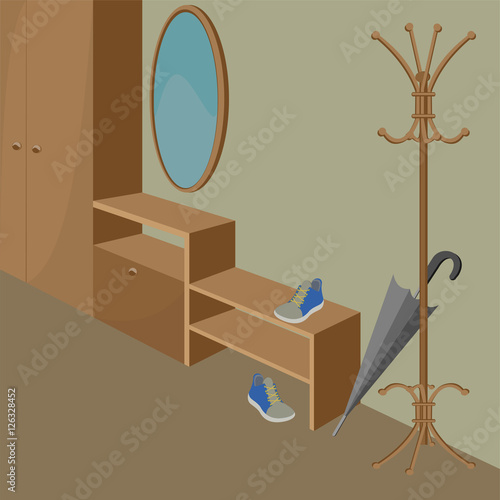 The interior living room,brown wardrobe with shelves, mirror hanging on the wall, wooden hanger, sneakers are.Vector illustration.