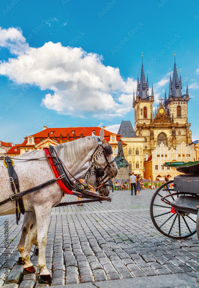 Naklejka premium horse-drawn carriage in Old Town Square in Prague, Czech Republic