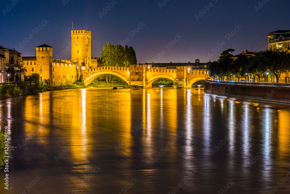 Castle Vecchio at summer night in Verona, Italy. Beautiful travel photo of Italy.