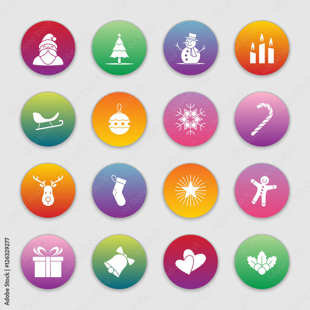 Christmas and new year icon set vector illustration - white on colorful gradient circle