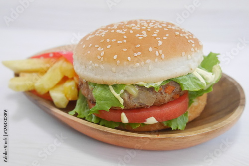 Homemade burger with french fries