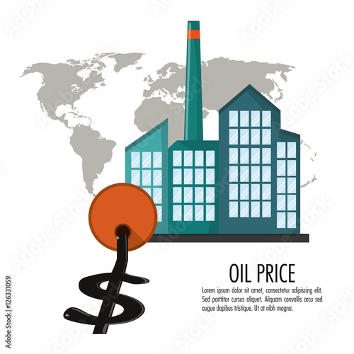 Factory buildings barrel and money icon. Oil price industry fuel production and gasoline theme. Isolated design. Vector illustration