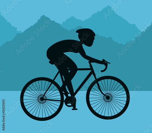 Fototapeta Naklejka Na Ścianę i Meble -  Man riding bike icon. Healthy lifestyle racing ride and sport theme. Mountain background. Vector illustration