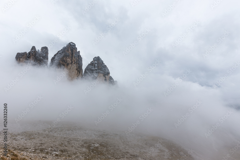 Misty mountain scene in Dolomites mountain Italy Misty mountain scene in Dolomites mountain Italy