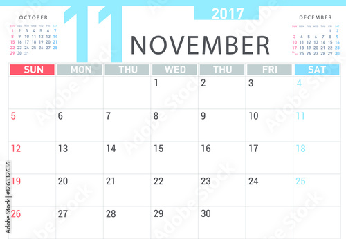 Planning calendar simple template November 2017