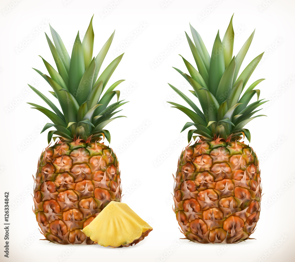 Naklejka Ananas. Całość i kawałki. Słodkie owoce. 3d zestaw ikon wektorowych. Realistyczna ilustracja