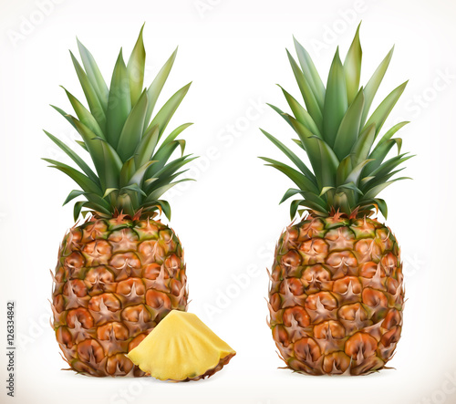 Pineapple. Whole and pieces. Sweet fruit. 3d vector icons set. Realistic illustration