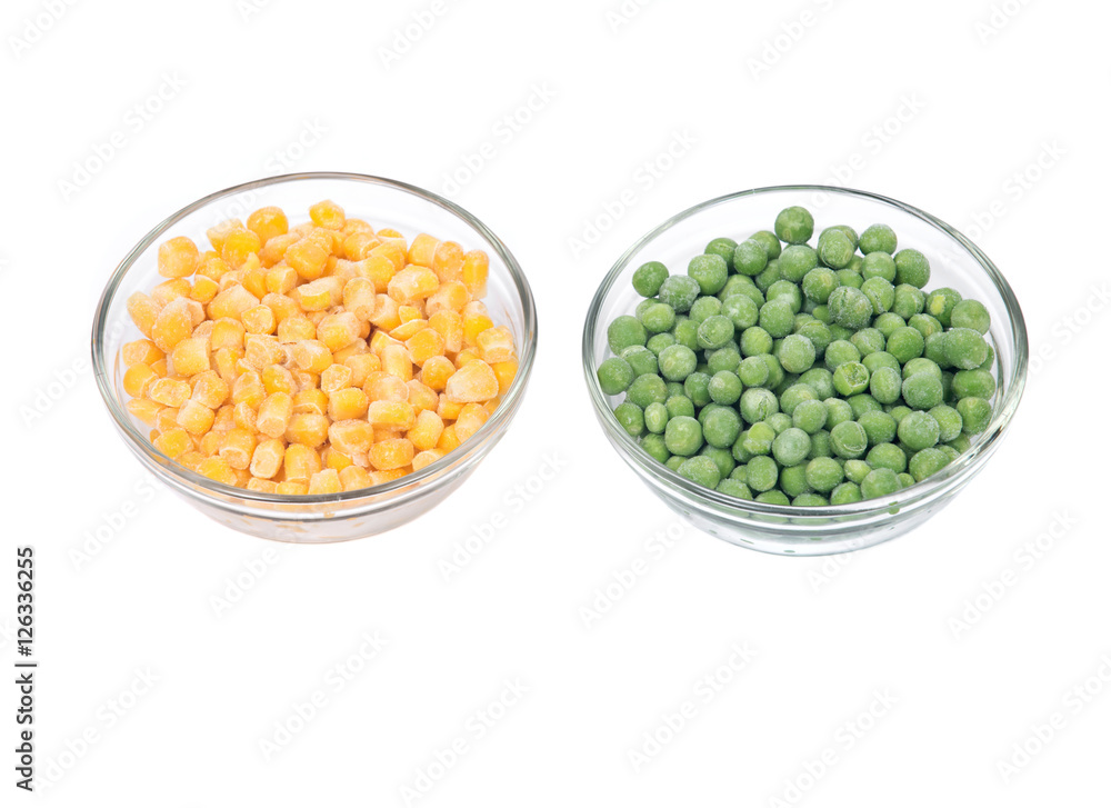 Frozen organic peas and corn bowl isolated on white background Frozen organic peas and corn bowl isolated on white background