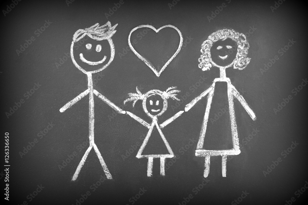 Drawing of family with chalk on blackboard Drawing of family with chalk on blackboard
