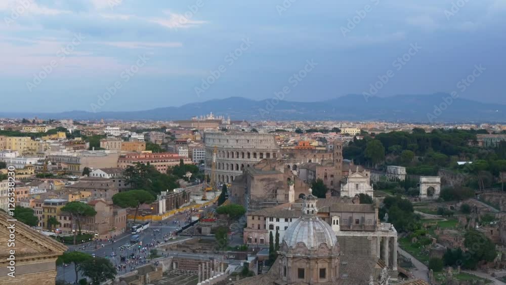 rome city famous sunset time coliseum rooftop panorama 4k italy
