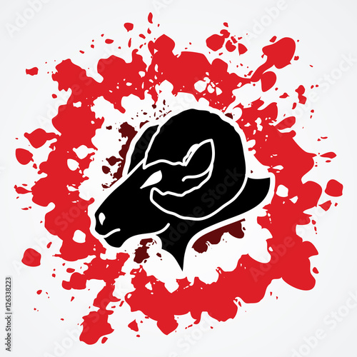 Sheep head with big horns designed on splash blood background graphic vector.