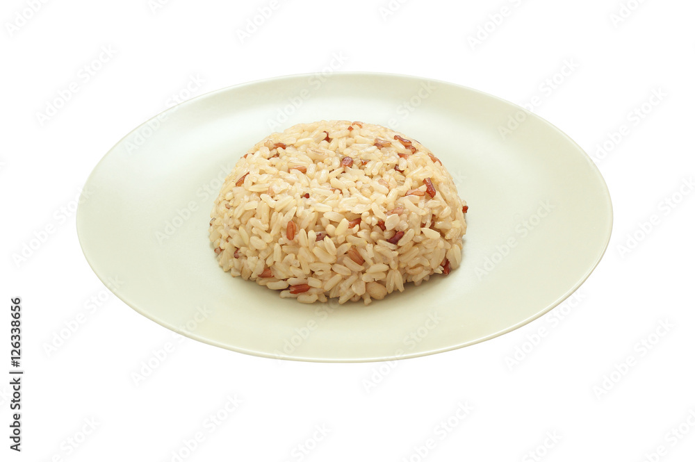 The cooked brown rice on white background The cooked brown rice on white background