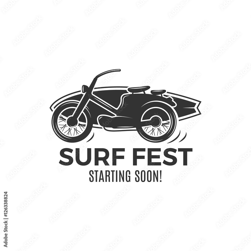 Vintage Surfing tee design. Retro Surf fest tshirt Graphics and Emblem for web design or print. Surfer motorcycle logo design. Surf Badge. Surfboard grunge seal, elements, symbols. Monochrome. 