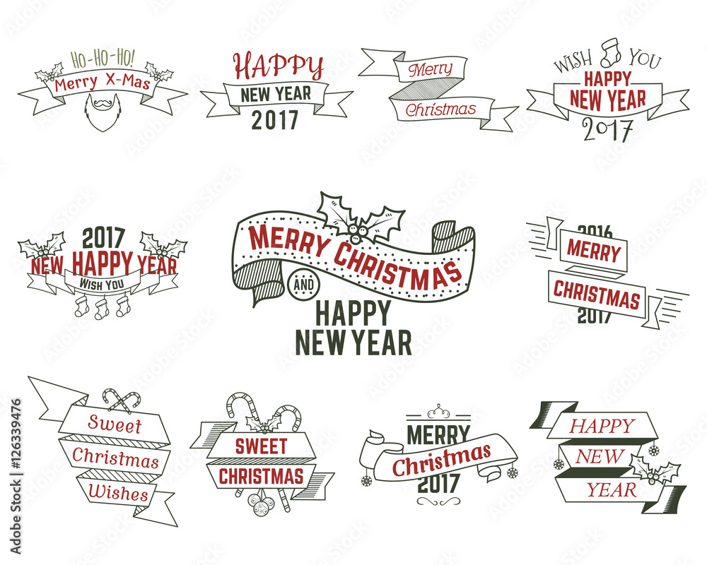 Happy Christmas wishes collection with ribbons and holiday symbols, elements - santa beard, sweets,  tree, toys. Retro colors. Vector isolated