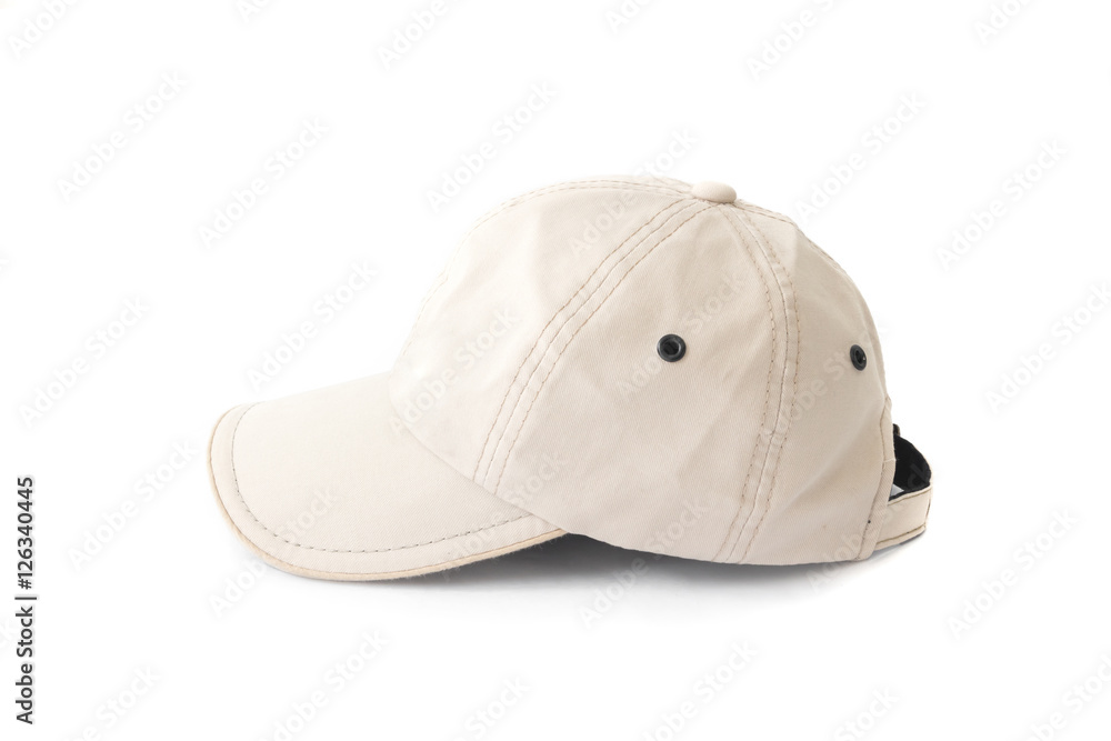 Closeup white hat cap on white background, fashion concept Closeup white hat cap on white background, fashion concept