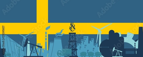 Energy and Power icons set on Sweden flag backdrop. Header or footer banner. Sustainable energy generation and heavy industry. Vector illustration. Seamless background