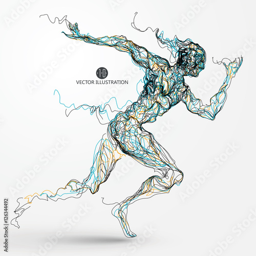 Running man, colored lines drawing, vector illustration.