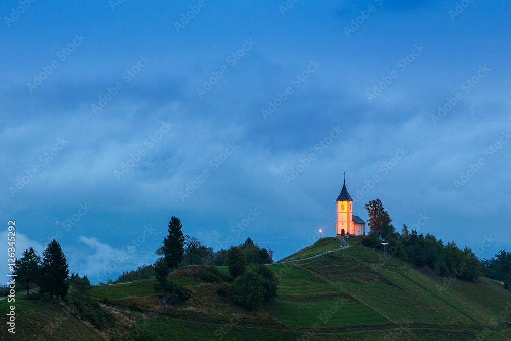 St. Primoz church on the hill at sunset at Jamnik St. Primoz church on the hill at sunset at Jamnik