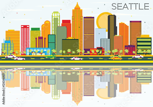 Abstract Seattle Skyline with Color Buildings and Reflections.