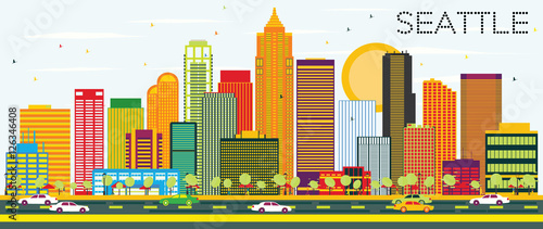 Abstract Seattle Skyline with Color Buildings.