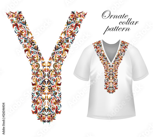 Design for collar shirts, shirts, blouses, T-shirt. Black and golden colors ethnic flowers neck. Paisley decorative border