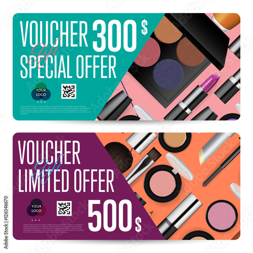 Cosmetics gift voucher template. Gift coupon with fashion makeup accessories and prepaid sum. Makeup brush, powder, lipstick, pencil, polish vectors. Special exclusive offer for cosmetics product sale