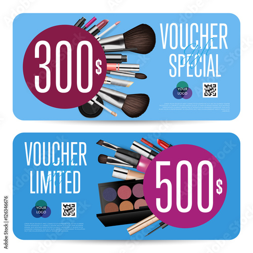 Cosmetics gift voucher template. Gift coupon with fashion makeup accessories and prepaid sum. Makeup brush, powder, lipstick, pencil, polish vectors. Special exclusive offer for cosmetics product sale